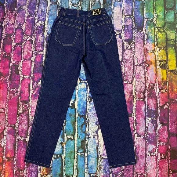 ESCADA Vintage Jeans Pants 4/6(small) 36 tapered Leg Embroidered Gold Blue 1990s - Picture 7 of 7